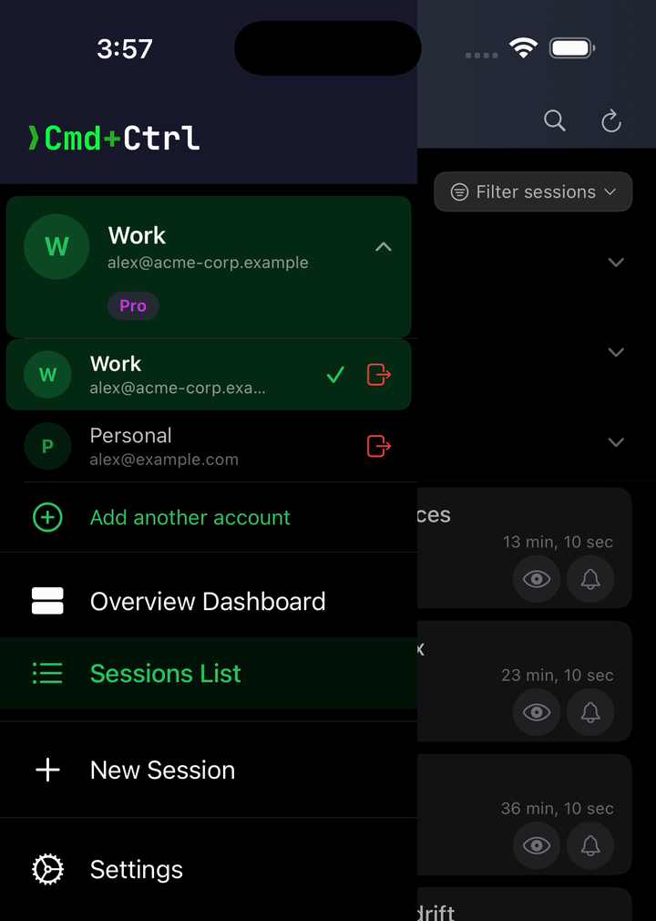 Cmd+Ctrl on iOS: the drawer's account list with Add another account