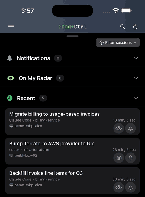 Cmd+Ctrl on iOS switching from a Work account to a Personal account and back, each with its own session list