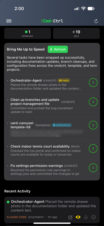 Cmd+Ctrl overview dashboard summarising every running session
